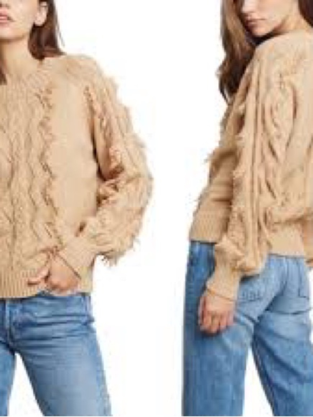 Rails Francis Fringe Cable-Knit Fringe Crewneck Sweater in Heather Camel